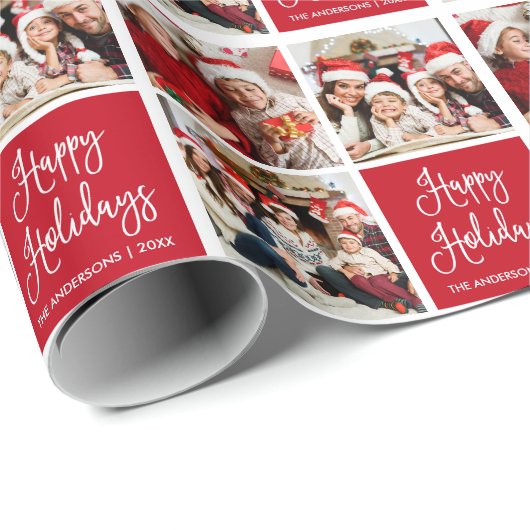 Fun Calligraphy Script Holiday 3 Photo Red Cadeaupapier (Rol Hoek)