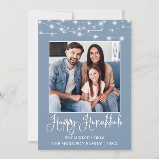 Fun Calligraphy String Lights Foto Blue Hanukkah Feestdagenkaart (Voorkant)
