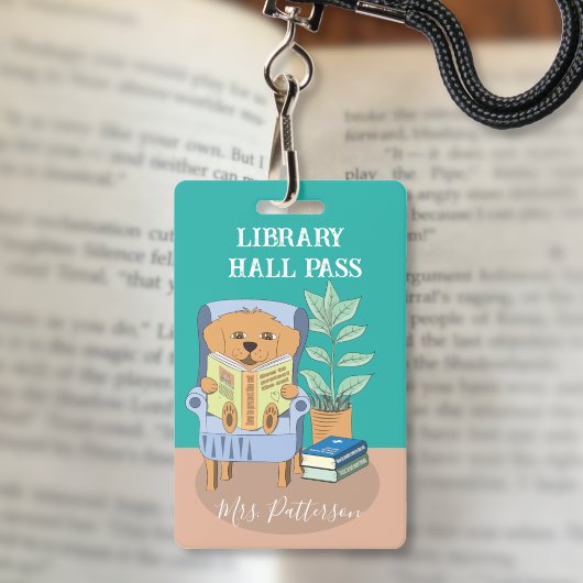 Fun Cartoon Reading Dog Library Hall Pass Badge