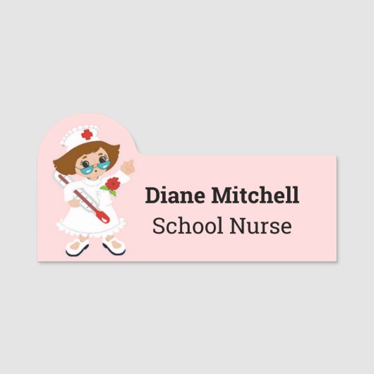 Fun Cartoon School Nurse Employee Naamplaatje (Voorkant)