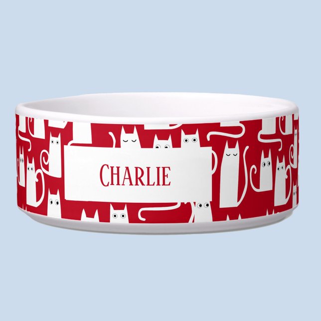 Fun Cat Red en White, gepersonaliseerd Voerbakje (Red and white personalized name cat pattern pet bowl)