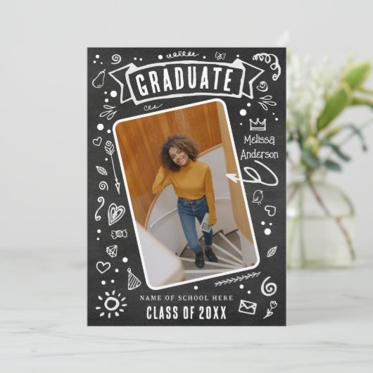 Fun Chalkboard Doodle Photo Afstuderen Aankondiging (Staand voorkant)