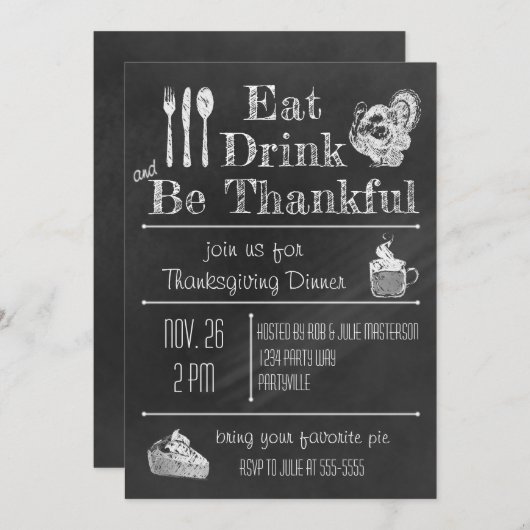 Fun Chalkboard Thanksgiving Invitation (Devant / Derrière)