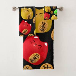 Fun Chats colorés Maneki-neko motif sur noir