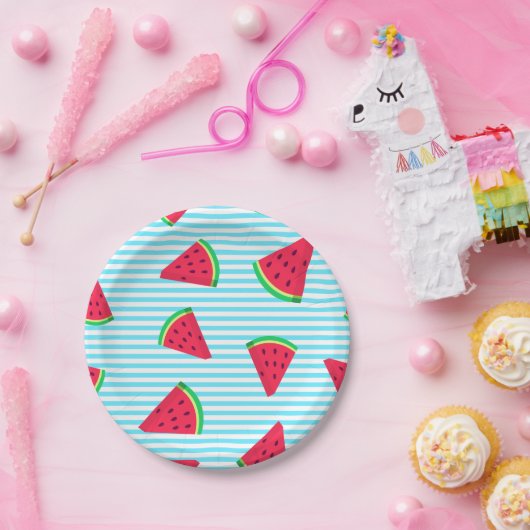 Fun Chic Watermelon Slices Blue Lines Pattern Papieren Bordje (Feest)