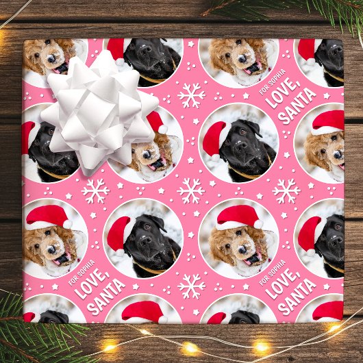 Fun Christmas Love Santa Custom Fotonaam Roze Cadeaupapier