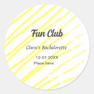 Fun Club vrijgezellenfeest gele lijnen achtergrond Ronde Sticker