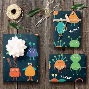 Fun Colorful Alien Pattern for Kids on Blue Party Inpakpapier Vel