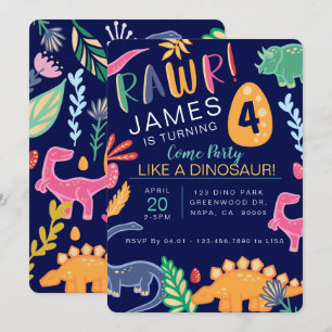 Fun Colorful Dinosaur Birthday Party Invitation Kaart