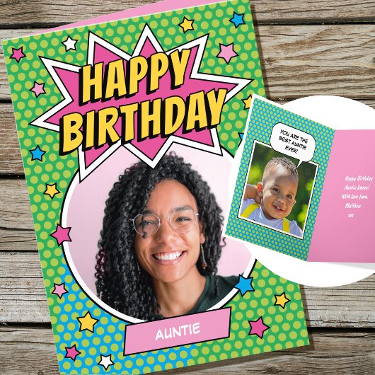Fun Comic Birthday Stars Auntie Custom Photos Kaart