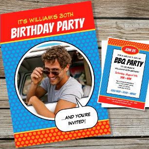 Fun Comic Style Any Age Birthday Party BBQ Blue Kaart