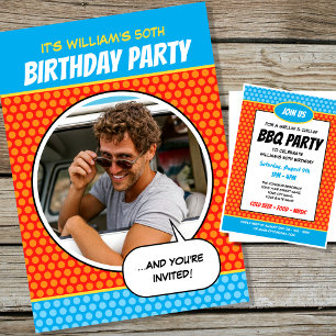Fun Comic Style Any Age Birthday Party BBQ Oranje Kaart