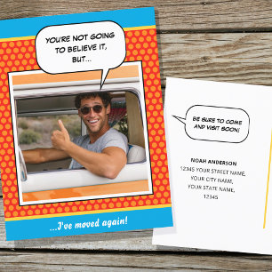 Fun Comic Style Moving House Custom Photo Oranje Briefkaart