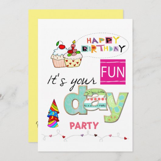 FUN Cupcake Bonne Invitation Anniversaire (Devant / Derrière)