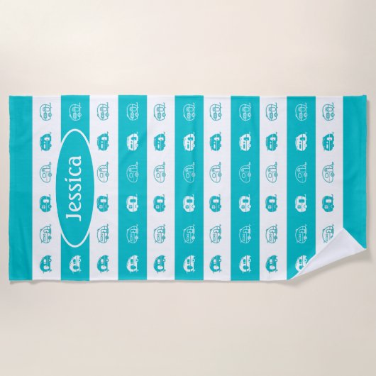 Fun Custom Retro Campers in Aqua en White Strandlaken (Voorkant)