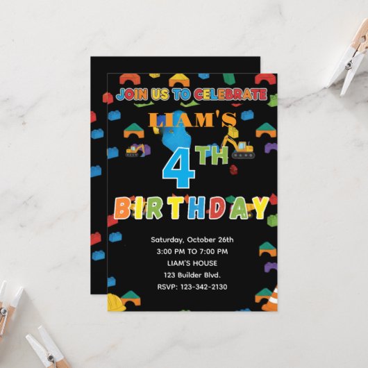 Fun Customizable Construction Birthday Invitation (Devant/Arrière en situation)