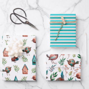 Fun Cute Rustic Little Birds Houses Stripes Inpakpapier Vel