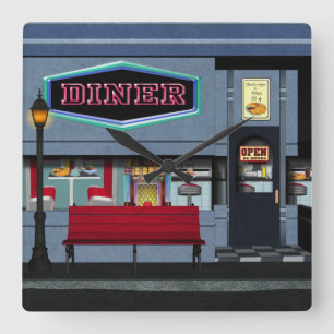 Fun Diner Clock Vierkante Klok