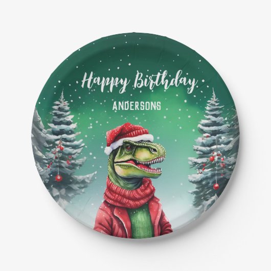 Fun Dino Kerstboom Verjaardag Jongens Sneeuwfeest Papieren Bordje (Voorkant)