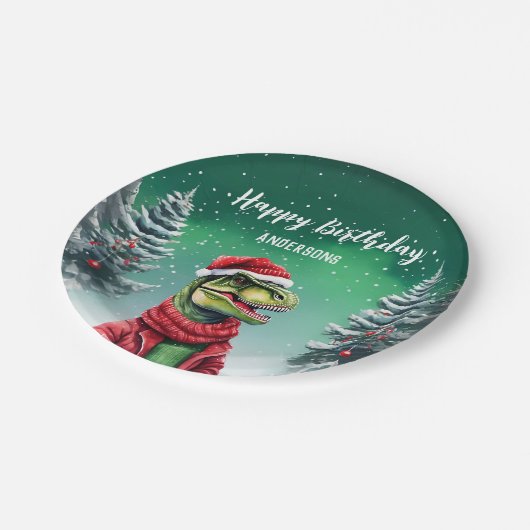 Fun Dino Kerstboom Verjaardag Jongens Sneeuwfeest Papieren Bordje (Gekanteld)