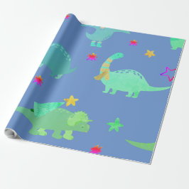 FUN DINOSOAR IN DE WRAPPINGSPAPIER VAN HET BLAUWE  CADEAUPAPIER