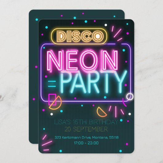Fun Disco Neon 16e fête Invitation (Devant / Derrière)