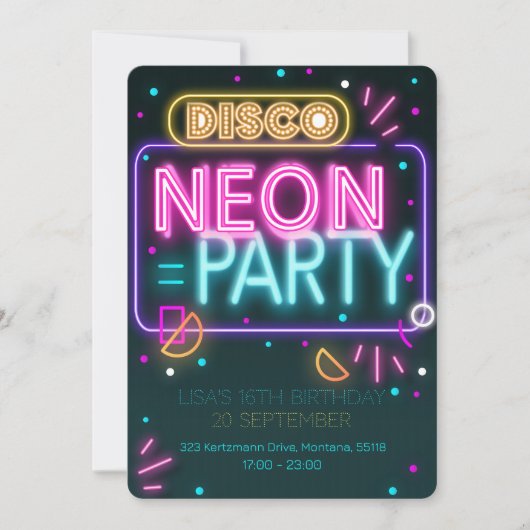 Fun Disco Neon 16e fête Invitation (Devant)