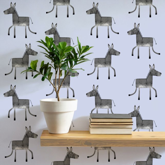 Fun Donkey Grijs Blauw Patroon Behang (Fun donkey pattern peel and stick wallpaper in gray and blue)