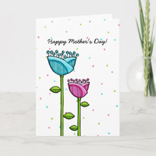 Fun Doodle Flowers blauw roze stippen Moederdag Kaart