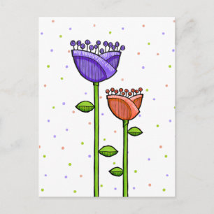 Fun Doodle Flowers paars oranje stip Briefkaart