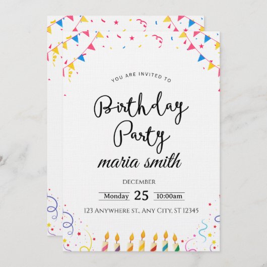 Fun & Editable Birthday Invitation – Custom Party Kaart (Voorkant / Achterkant)