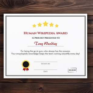 Fun Employee Award Certificaat - Human Wikipedia