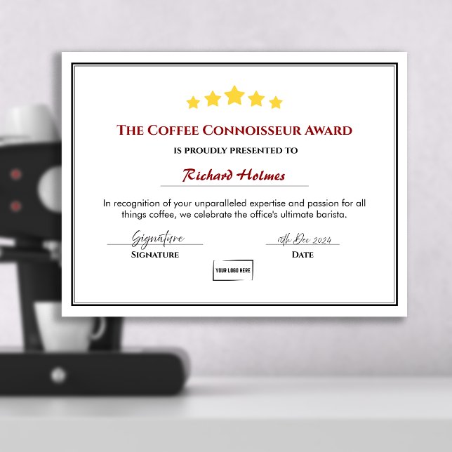 Fun Employee Award Certificaat - Kantoor Barista (Logo Upload Fun Office Award)