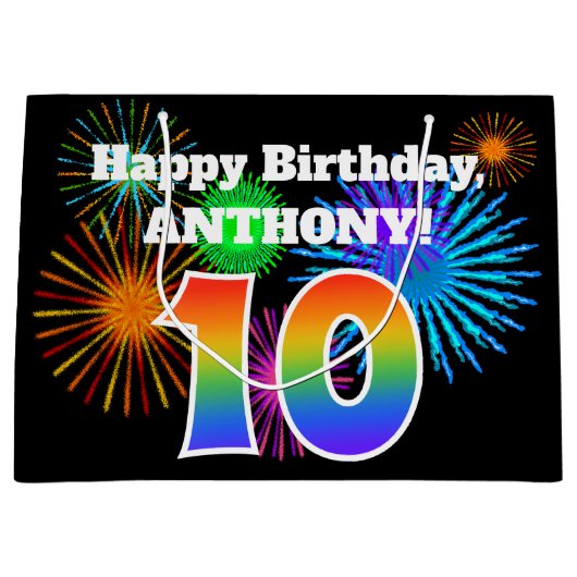 Fun Fireworks + Rainbow Pattern "10" Birthday # Groot Cadeauzakje (Voorkant)