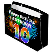 Fun Fireworks + Rainbow Pattern "10" Birthday # Groot Cadeauzakje (Achterkant Gekanteld)