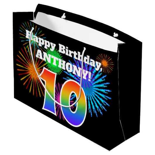 Fun Fireworks + Rainbow Pattern "10" Birthday # Groot Cadeauzakje (Achterkant Gekanteld)