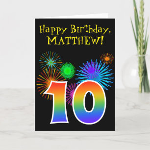 Fun Fireworks + Rainbow Pattern "10" Birthday # Kaart