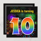 Fun Fireworks + Rainbow Pattern "10" Birthday # Kaart (Voorkant / Achterkant)