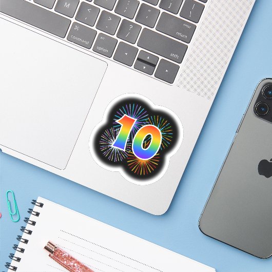 Fun Fireworks + Rainbow Pattern "10" Event # Sticker (Laptop met iPhone)