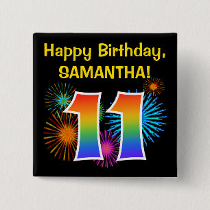 Fun Fireworks + Rainbow Pattern "11" Birthday # Vierkante Button 5,1 Cm