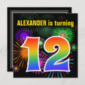 Fun Fireworks + Rainbow Pattern "12" Birthday # Kaart (Voorkant / Achterkant)