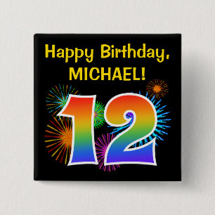 Fun Fireworks + Rainbow Pattern "12" Birthday # Vierkante Button 5,1 Cm