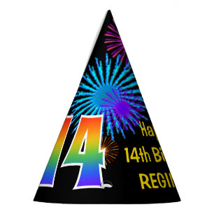 Fun Fireworks + Rainbow Pattern "14" Birthday # Feesthoedjes