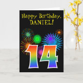 Fun Fireworks + Rainbow Pattern "14" Birthday # Kaart (Gele Bloem)