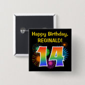Fun Fireworks + Rainbow Pattern "14" Birthday # Vierkante Button 5,1 Cm (Voorkant /achterkant)