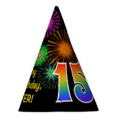 Fun Fireworks + Rainbow Pattern "15" Birthday # Feesthoedjes (Rechts)
