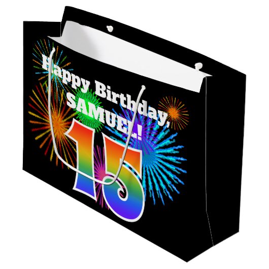 Fun Fireworks + Rainbow Pattern "15" Birthday # Groot Cadeauzakje (Voorkant Gekanteld)