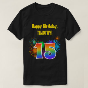 Fun Fireworks + Rainbow Pattern "15" Birthday # T-shirt