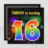 Fun Fireworks + Rainbow Pattern "16" Birthday # Kaart (Voorkant / Achterkant)