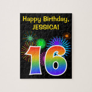 Fun Fireworks + Rainbow Pattern "16" Birthday # Legpuzzel
